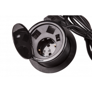 Лючок в стол на два кейстоуна + одна розетка со шнуром 1.8м, черный